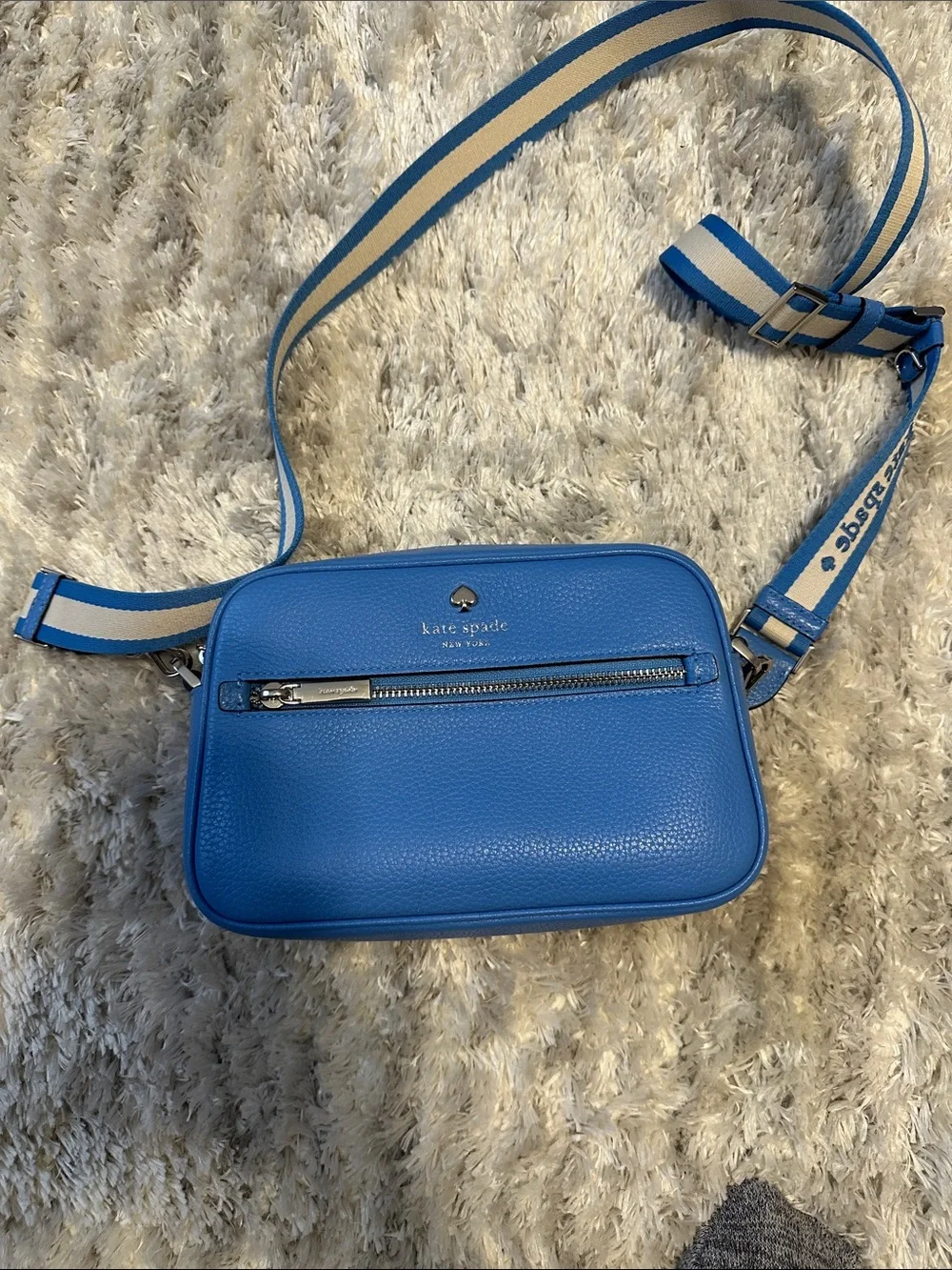 kate spade Emma Crossbody Blue Pebbled Leather with Striped Strap